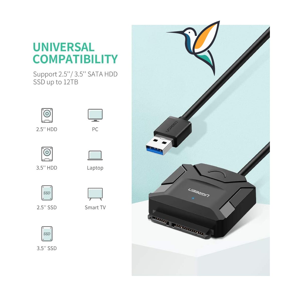 UGREEN Cable adaptador SATA a USB 3.0 para 3.5/ 2.5 pulgadas SSD HDD SATA  III (CR108)
